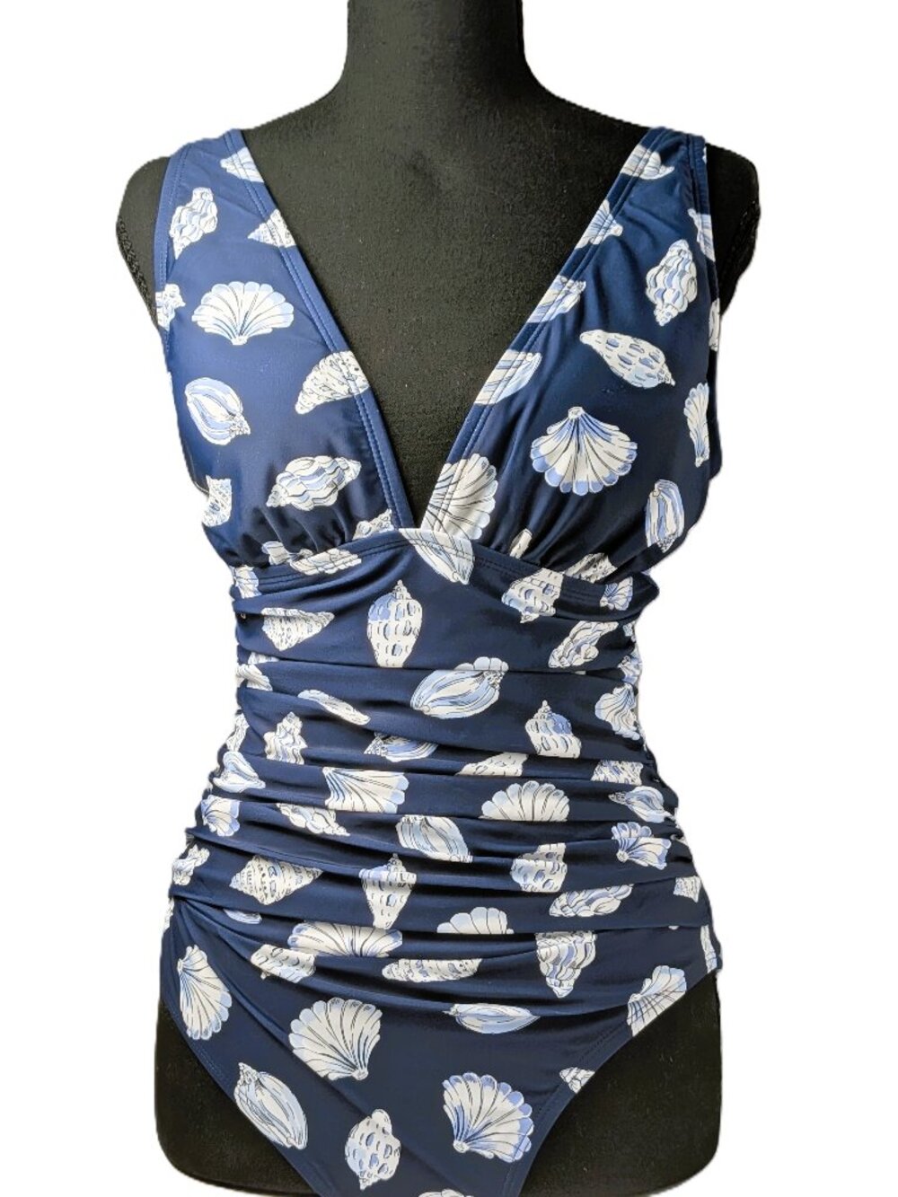Ellen Tracy Navy White Seashell One Piece Swimsuit Size 8 NEW